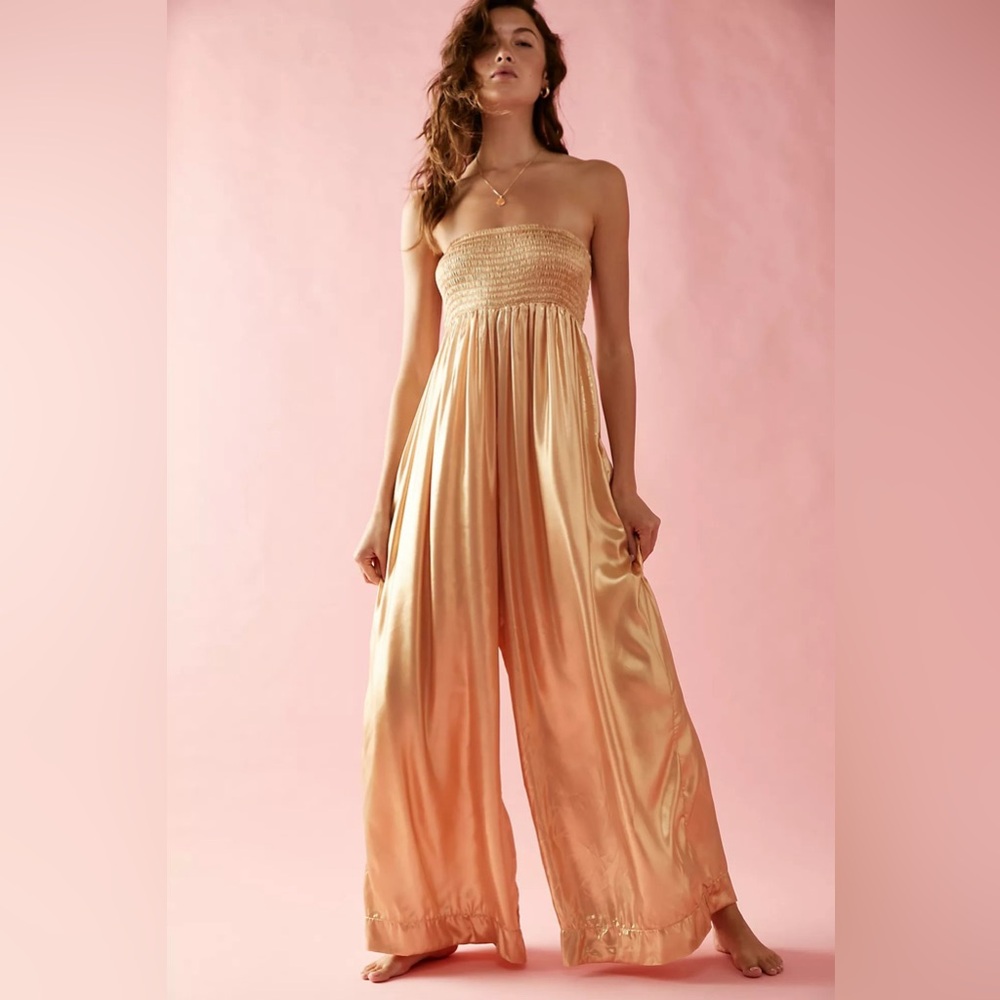 Free people Julie shimmery gold wide leg smocked jumpsuit, new with tag